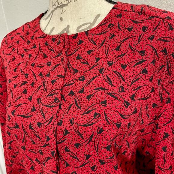 Vintage 1980s Red & Black Handmade Chiffon Blouson Secretary Dress Size 8 Medium - Picture 9 of 11